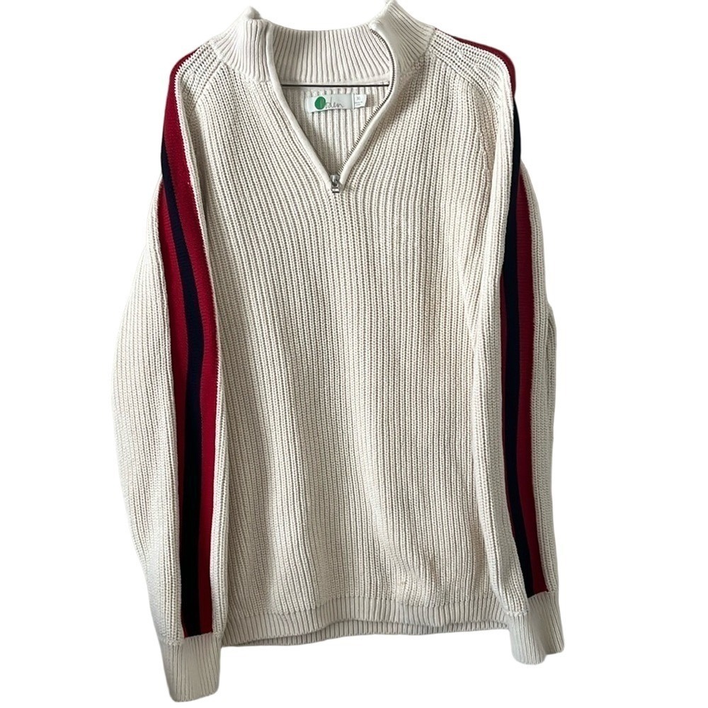 BODEN Quarter Zip Sweater Side Stripe Men XL Cream Cotton Ribbed Pullover - Picture 2 of 9